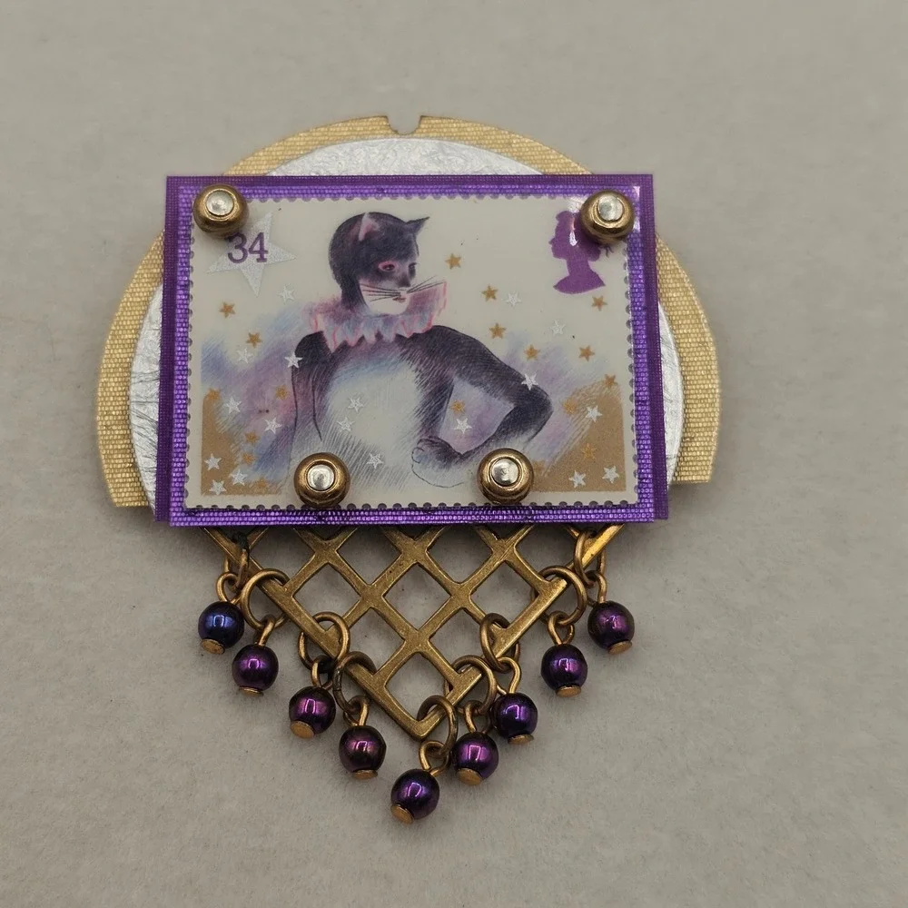 Handmade Brooch Pin Cats Stamp Whimsical Musical Purple Gold Tone Art Wear
